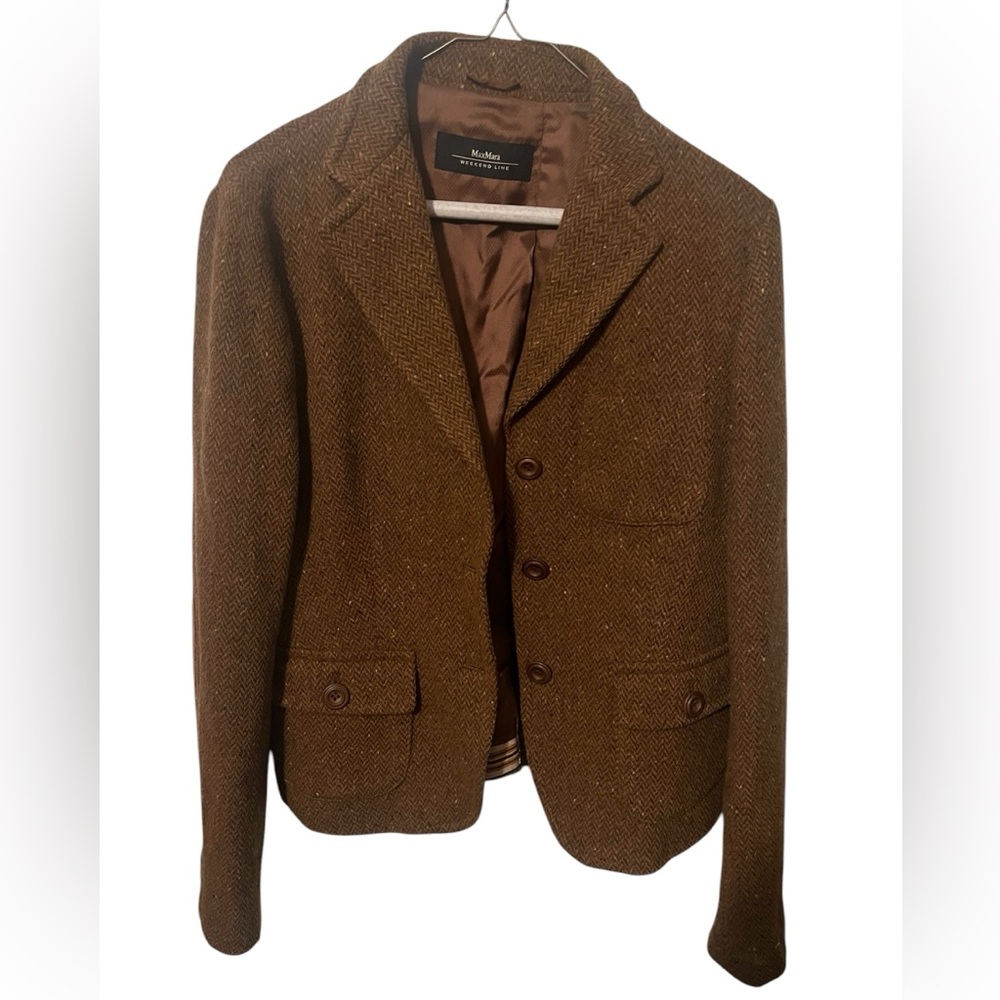 Max Mara Womens Blazer Size 10 Brown Textured Wool Long Sleeve Career Jacket WTW